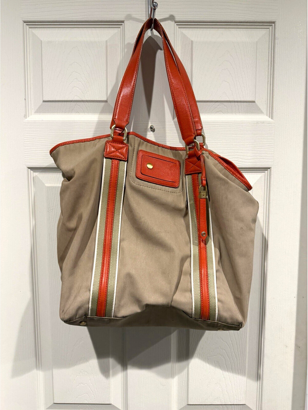 Cole Haan Women’s Beige & Orange Tote Bag Zip Closure, Inner Pockets, Gold
